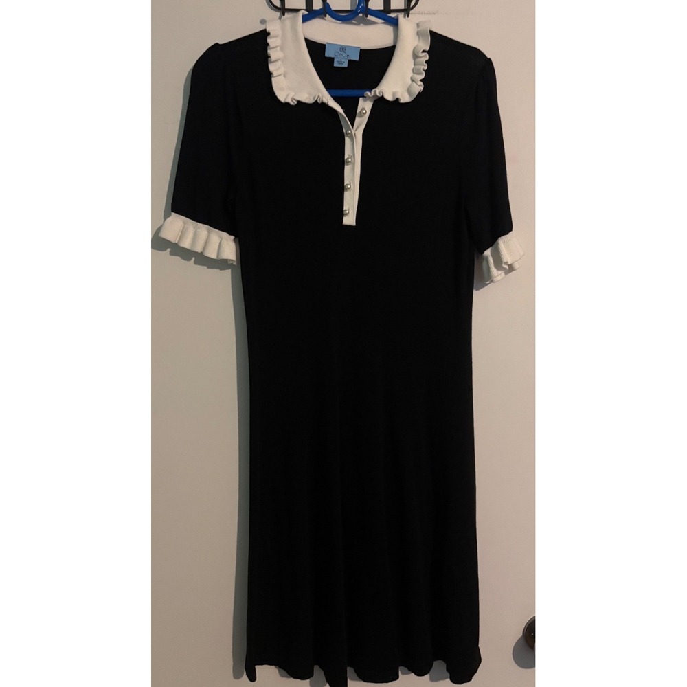 CeCe Womens Sz S Short Sleeve Black White Polo Dress Pearl Like Buttons Preppy